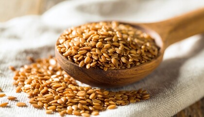 Close-up of golden flax seeds spilling from a wooden spoon onto a c...