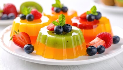 Colorful Fruity Jelly Desserts with Berries and Mint on White Plate
