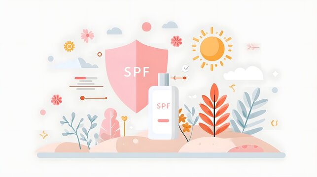 graphic symbolizing sun protection featuring a sunscreen bottle SPF shield stylized plants flowers and a bright sun promoting skincare and outdoor safety