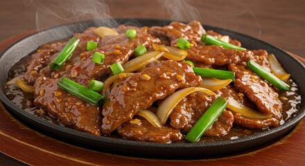 Sizzling plate of tender beef slices with onions and green onions, served in a rich sauce.