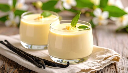 Creamy Vanilla Panna Cotta with Fresh Blossoms and Vanilla Pods