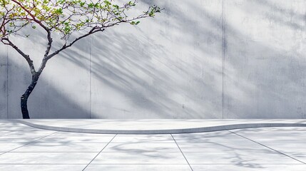 A stylized, minimalist scene featuring a single tree with sparse green leaves, set against a textured concrete wall with dappled sunlight and shadow patterns.