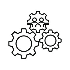 Line art illustration of three gears, one with a face, symbolizing teamwork or a system, isolated on