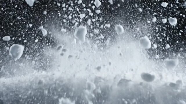 Dynamic close-up of a snowball impact with chunks of snow flying in all directions against a dark background