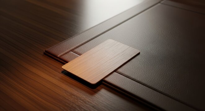 A closeup, highangle shot of a wooden business card resting on a dark, textured surface, with soft light creating a warm and sophisticated atmosphere