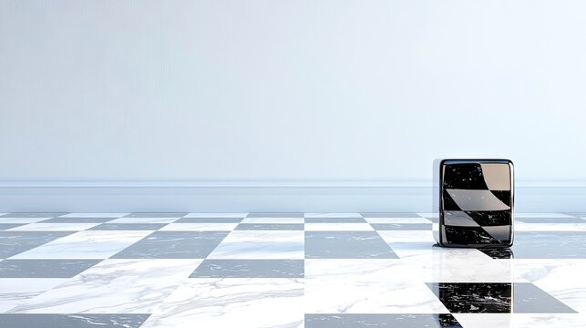 A single black and white checkered cube sits on a reflective marble checkerboard floor in front of a plain light blue wall.