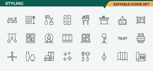 Set of Styling line icon. Includes thin line symbols decoration, interior, home, art and design, room and more. Decor icon set. Minimalist vector collections. Editable vector stroke.