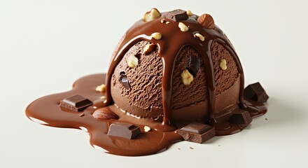Chocolate Ice Cream Scoop Topped with Drizzle Nuts and Chopped Chocolate on White Background