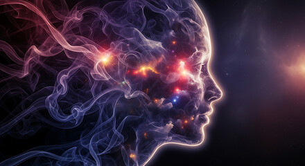 Abstract visualization of the human mind's intricate neural network, depicting thought processes as luminous energy patterns and cosmic connections within the brain