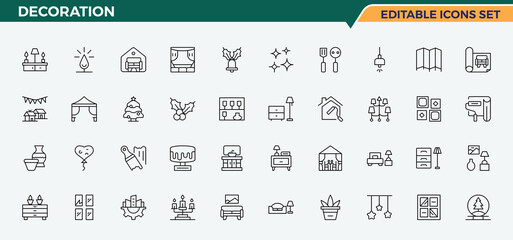 Set of Decoration line icon. It contains symbols to house interior, decor, house, architecture and more. Decor icon collection. UI icons set in a thin style. Pixel perfect. Editable vector.