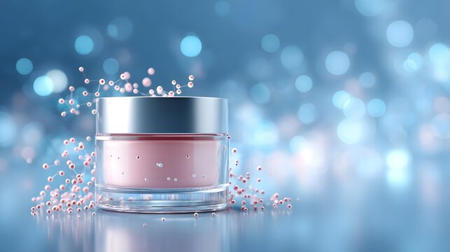 Elegant glass jar filled with pink cosmetic cream surrounded by delicate molecular structures and glowing blue bokeh lights symbolizing advanced skincare and beauty