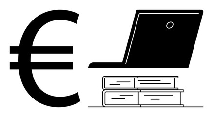 Euro sign beside laptop on books illustrates financial, digital learning, innovation. Ideal for online education, e-learning, knowledge economy, financial planning, tech globalization. Simple flat