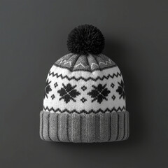 A knitted winter beanie hat with a classic and cozy style, predominantly white with black pattern