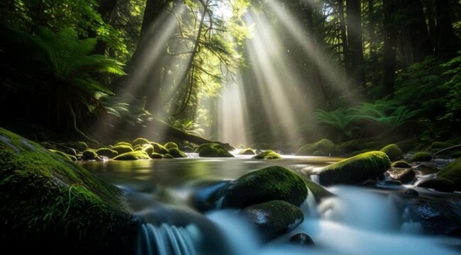 Agua calma na floresta com raios de luz solar