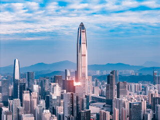 Shenzhen skyline cityscape with skyscrapers in downtown at sunset twilight in Shenzhen, China