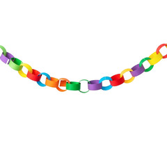 Vibrant rainbow colored paper chain garland hanging against a stark black background