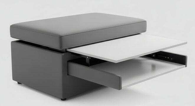 Modern gray ottoman with a pull-out drawer, featuring a sleek design and minimalist aesthetic, perfect for contemporary living spaces and versatile furniture solutions