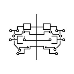 Abstract circuit board diagram with lines and nodes, representing data flow or connection, isolated on
