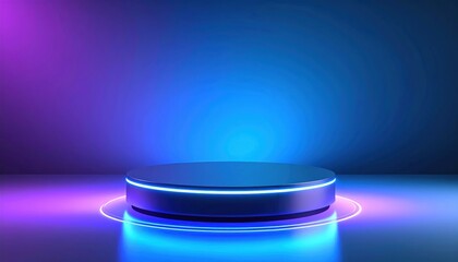 Futuristic Neon Podium with Purple and Blue Gradient Background