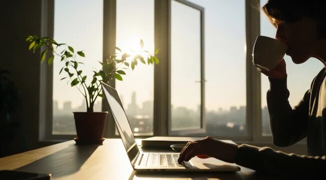 Pessoa Trabalhando no Laptop e Bebendo Caf&eacute;