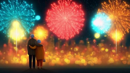 Celebrating Together: An Animated Scene of Two Elderly Figures Enjoying a Beautiful Fireworks Display Against a Vibrant Skyline, Signifying Joy, Love, and Togetherness