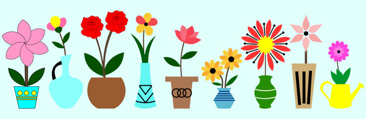 A collection of cartoon flowers in various vases and pots against a light blue background design art