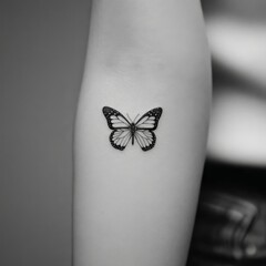 Close-up of a small butterfly tattoo on a forearm against a clean background, symbolizing elegance and simplicity in body art design.