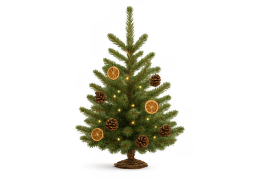 Christmas tree featuring natural decorations like pine cones and dried orange slices, adorned with warm lights, ready for festive designs