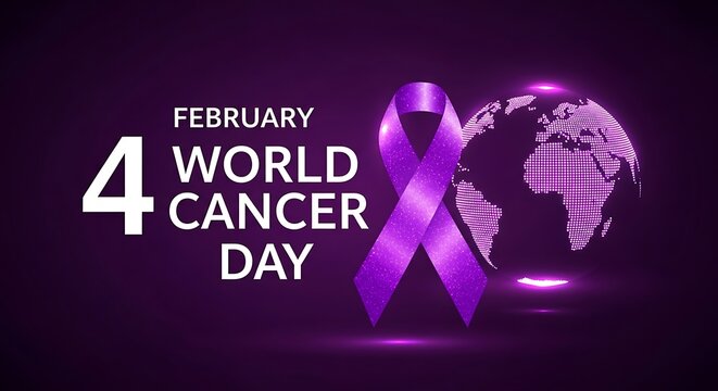 Digital graphic for world cancer day on february 4th featuring a glowing purple ribbon, a stylized earth globe, and bold white text against a dark background