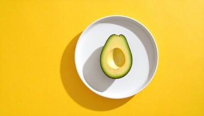 Half Avocado on White Plate, Yellow Background, Minimalist Food Pho...
