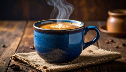 Steaming coffee in a blue mug on a burlap coaster, set on a dark wood table with a blurred background