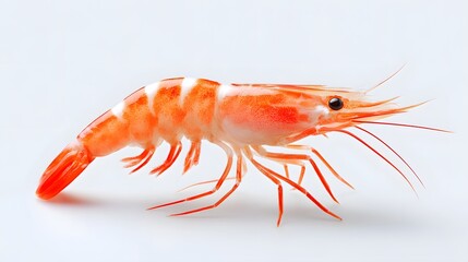 Detailed studio photograph of a single fresh uncooked shrimp with distinct orange and white bands presented against a stark white surface