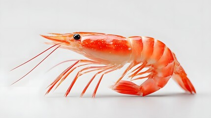 Isolated studio shot of a single cooked shrimp on a seamless white background showcasing its detailed texture vibrant colors and appetizing appearance as a gourmet seafood ingredient