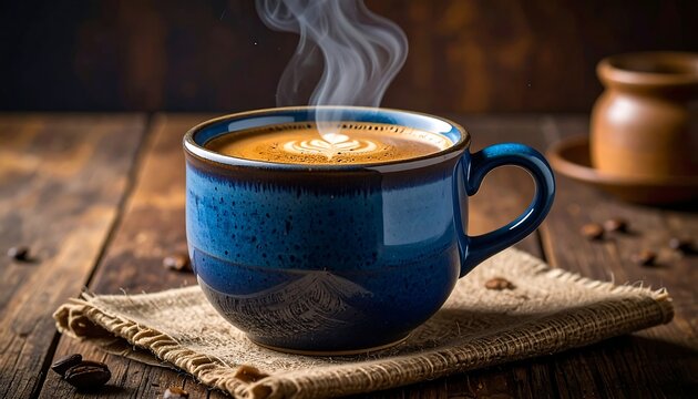 Steaming coffee in a blue mug on a burlap coaster, set on a dark wood table with a blurred background