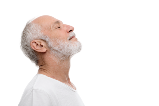Close-up of senior inhaling and exhaling for relaxation isolated on transparent background