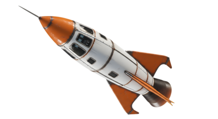 Retro style white and orange rocket ship with fins and windows isolated on a transparent background spaceship