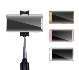 Modern smartphone mounted on a selfie stick for capturing photos and videos with multiple phone models displayed on a transparent background isolated on transparent background