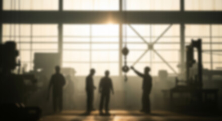 Blurred view of worker silhouettes in an industrial factory, with large machinery and light filtering through windows. Depicts manufacturing, innovation, and hard work.