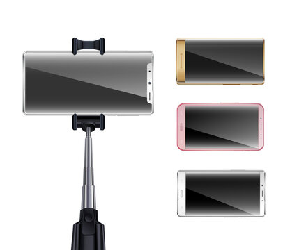 Modern smartphone mounted on a selfie stick for capturing photos and videos with multiple phone models displayed on a transparent background isolated on transparent background