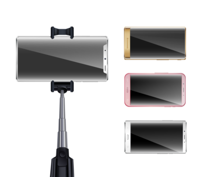 Modern smartphone mounted on a selfie stick for capturing photos and videos with multiple phone models displayed on a transparent background isolated on transparent background - Powered by Adobe
