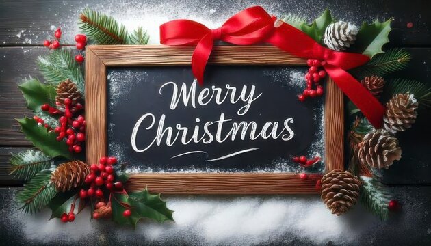 Festive Christmas Chalkboard with Red Ribbon and Pine Cones - Powered by Adobe