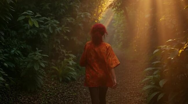 Jovem Ruiva Sorridente Caminhando pela Floresta