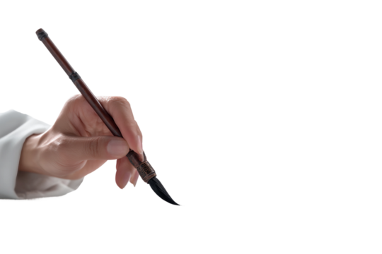 Senior crafting beautiful calligraphy on paper isolated on transparent background