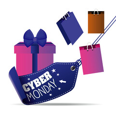 Cyber monday sale tag with gift box and shopping bags isolated on transparent background