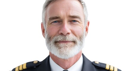 Close up headshot of a distinguished senior male pilot or captain with a full grey beard wearing a dark professional uniform adorned with gold epaulets exuding confidence and experience