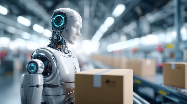Sleek humanoid robot with glowing blue accents in a modern automated warehouse handling cardboard boxes on a conveyor belt representing advanced technology and efficient logistics