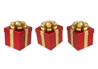 Three red gift boxes with gold ribbons isolated on transparent background