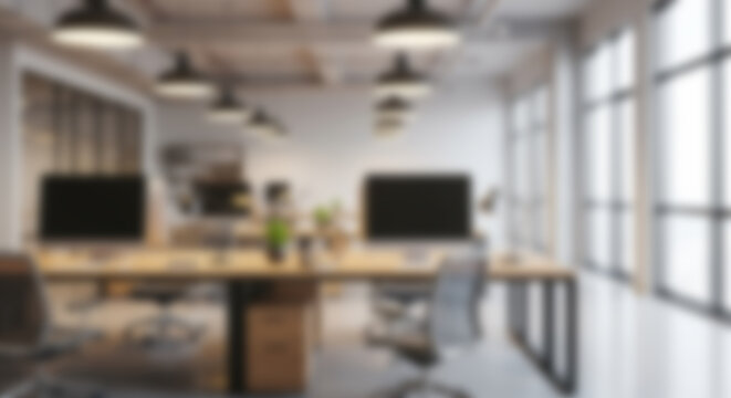 Blurred background of a modern open-plan office space with out-of-focus desks, chairs, and computers. Depicts a collaborative and dynamic work environment.