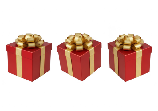 Three red gift boxes with gold ribbons isolated on transparent background