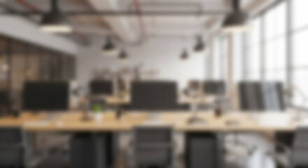 Naklejka premium Blurred contemporary office environment, with neat desks and soft lighting. Perfect for business backgrounds, presentations, or startup websites.